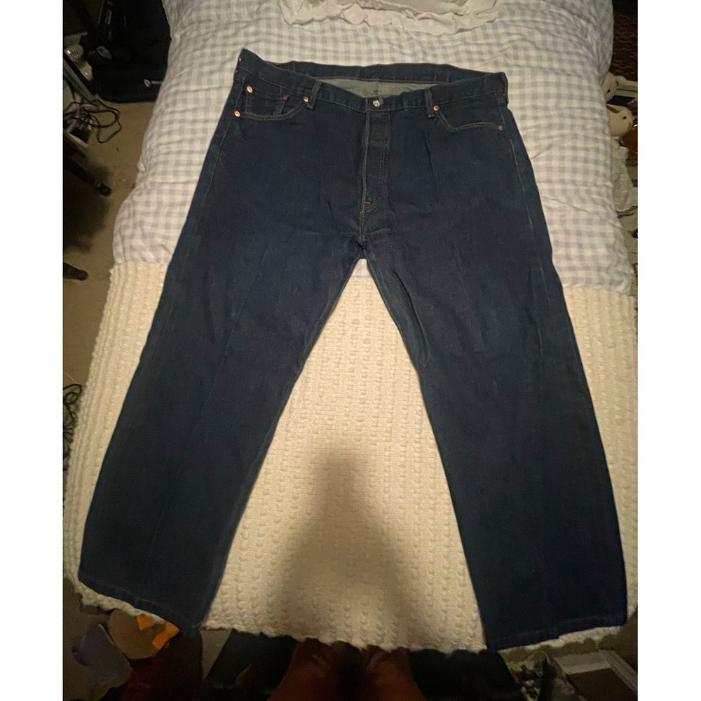 Levis 501 Mens Blue Denim Jeans Straight Regular Fit Button Fly Dark Wash 46x34